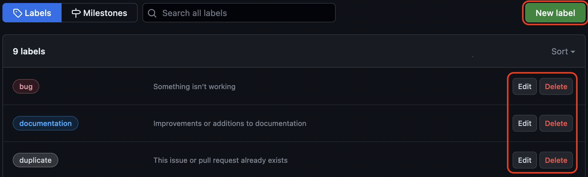 Label actions highlighted