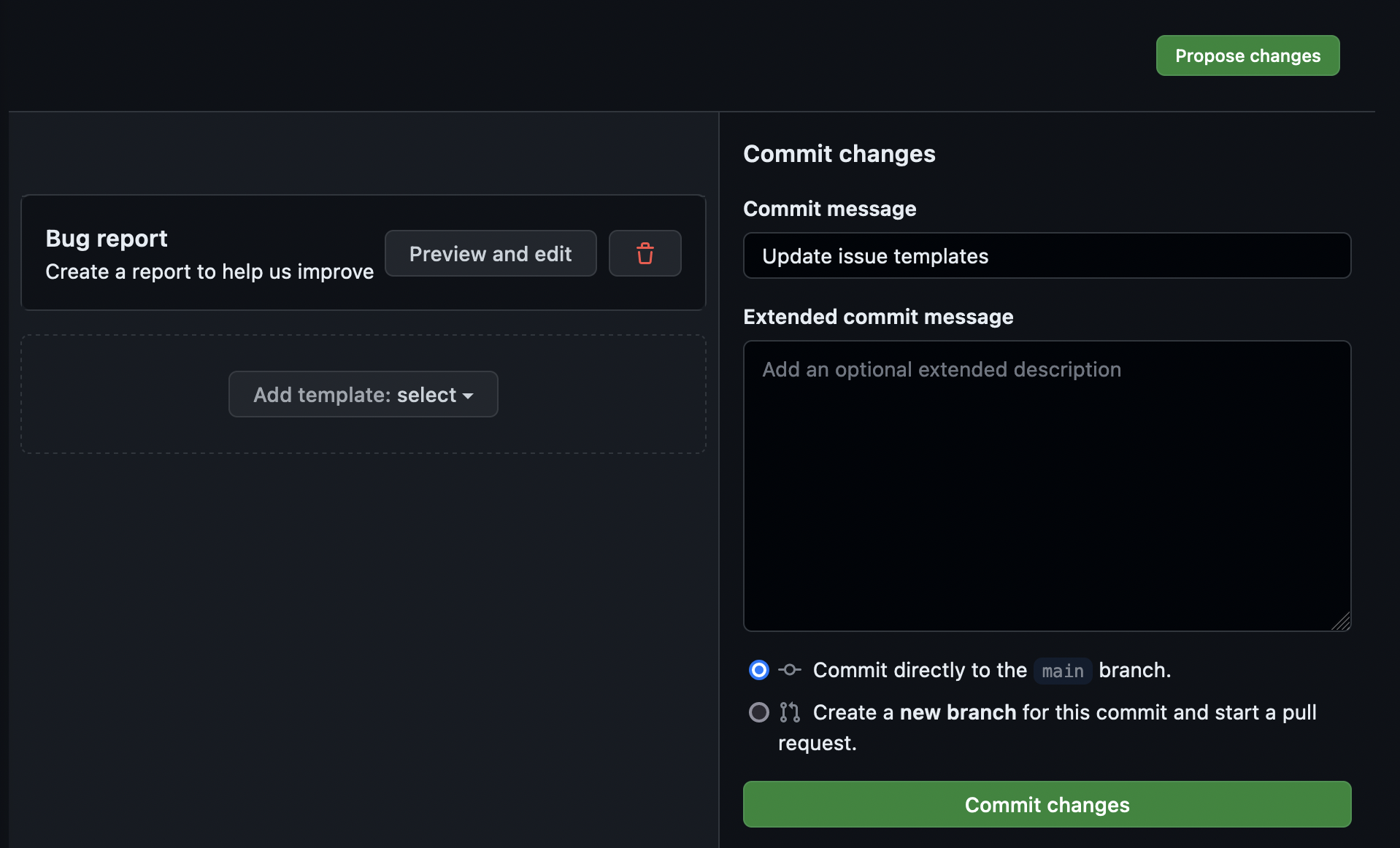 Propose changes commit message dialog