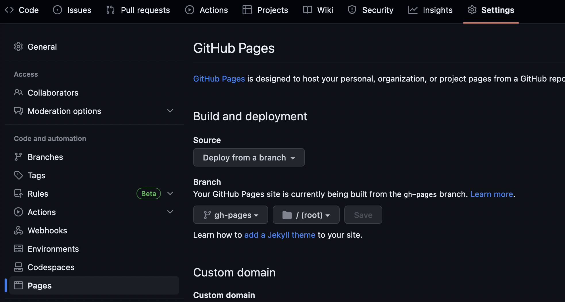 GitHub Pages Settings