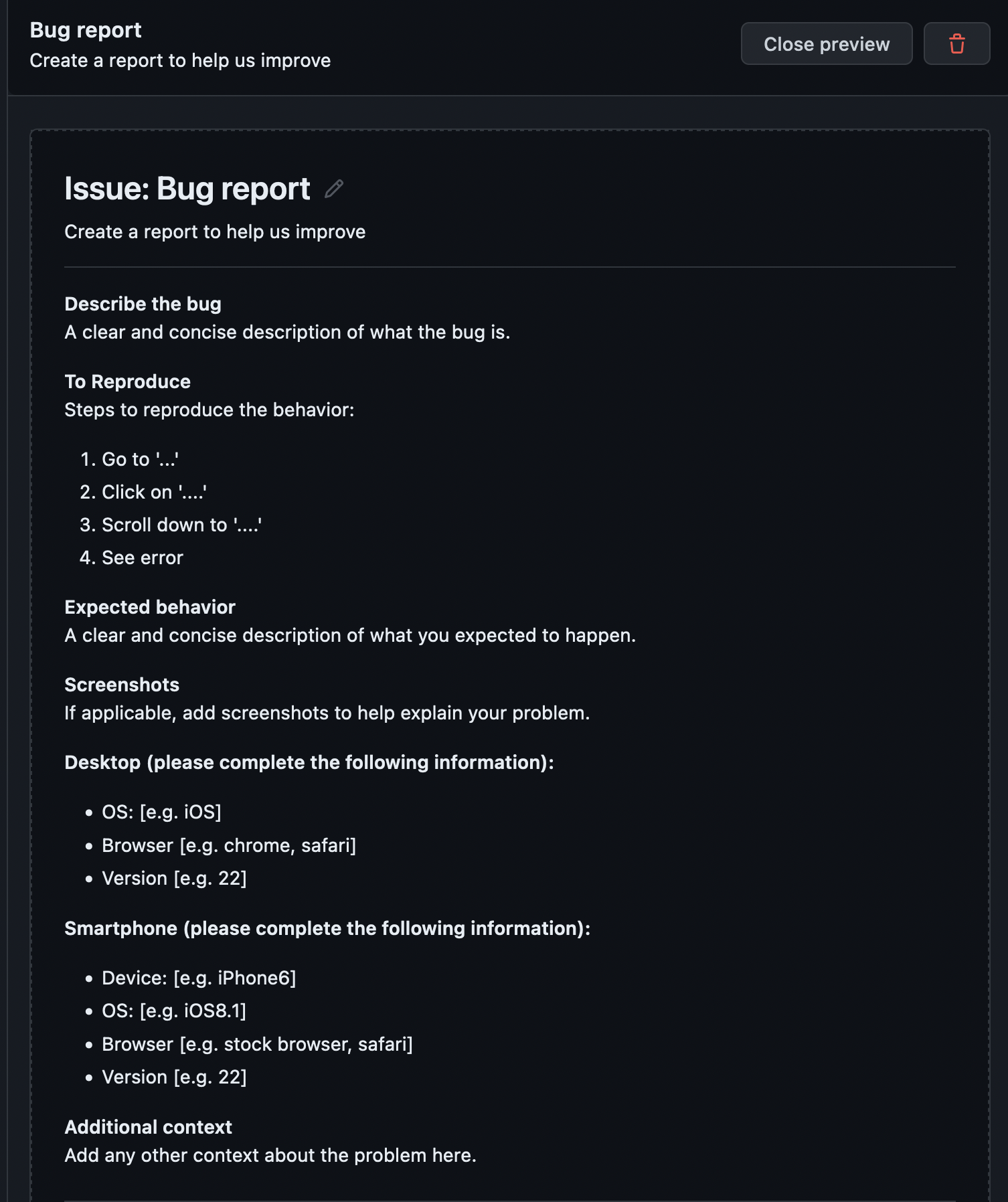 Preview of default bug report template