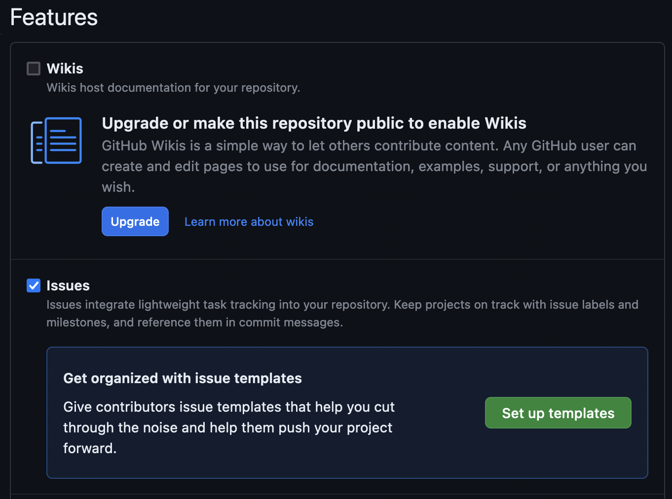 GitHub settings features section, set up templates button