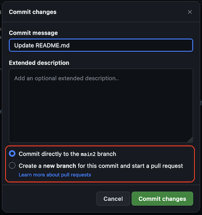 Commit changes pop-up dialog