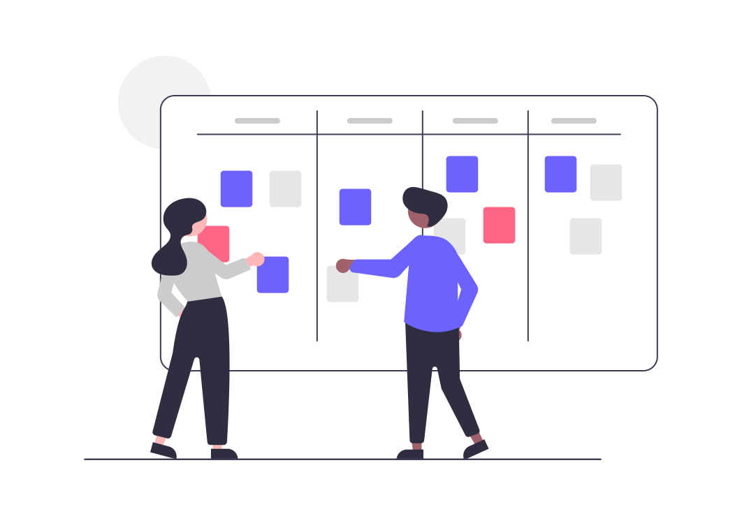 Two team members addressing a Kanban board with four columns.