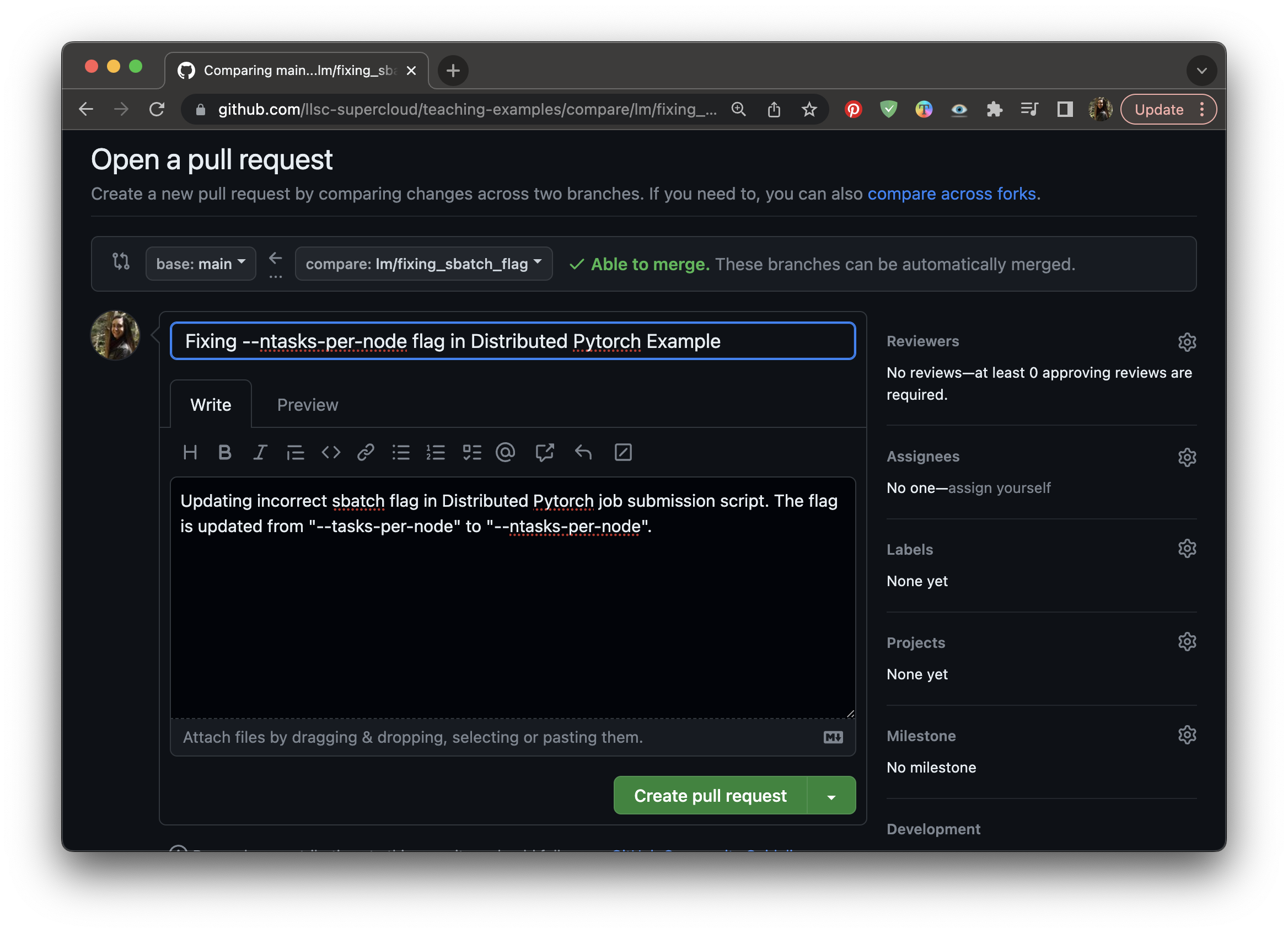A screenshot of a Pull Request form on GitHub.