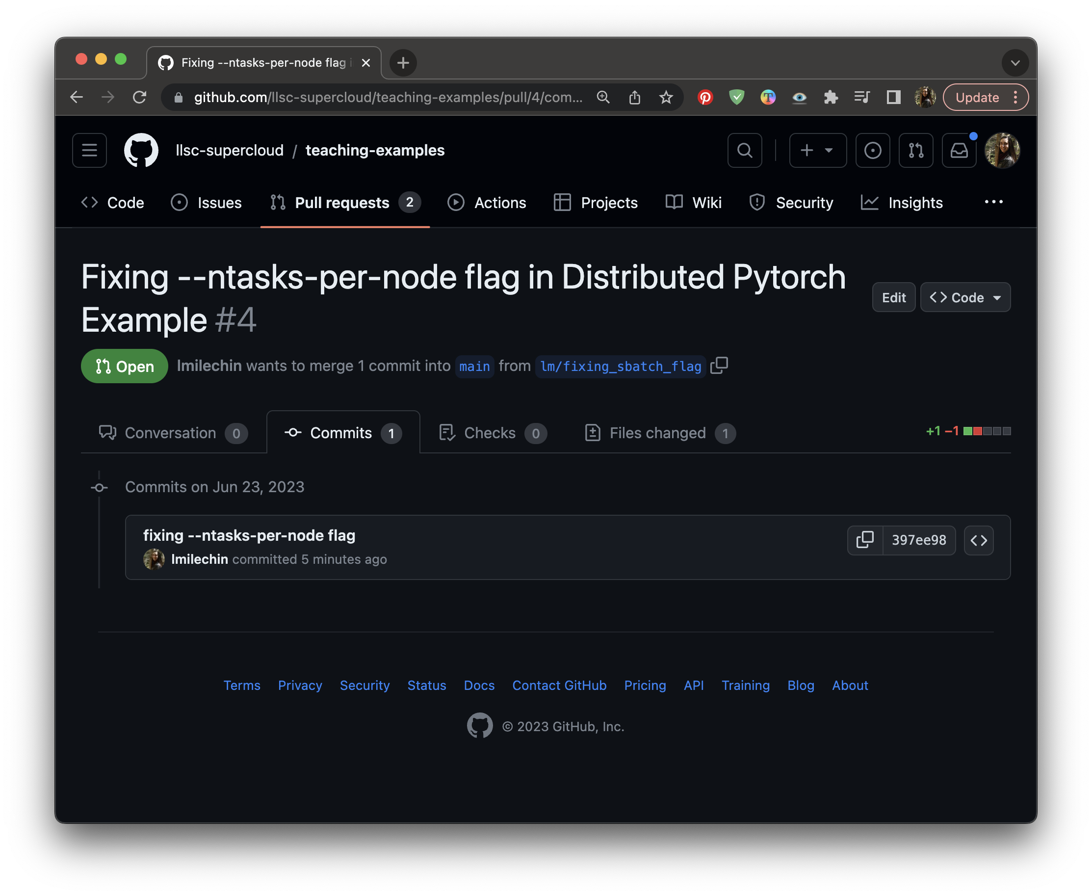 A screenshot of the Commits tab of a Pull Request. The page shows the single commit in this pull request.