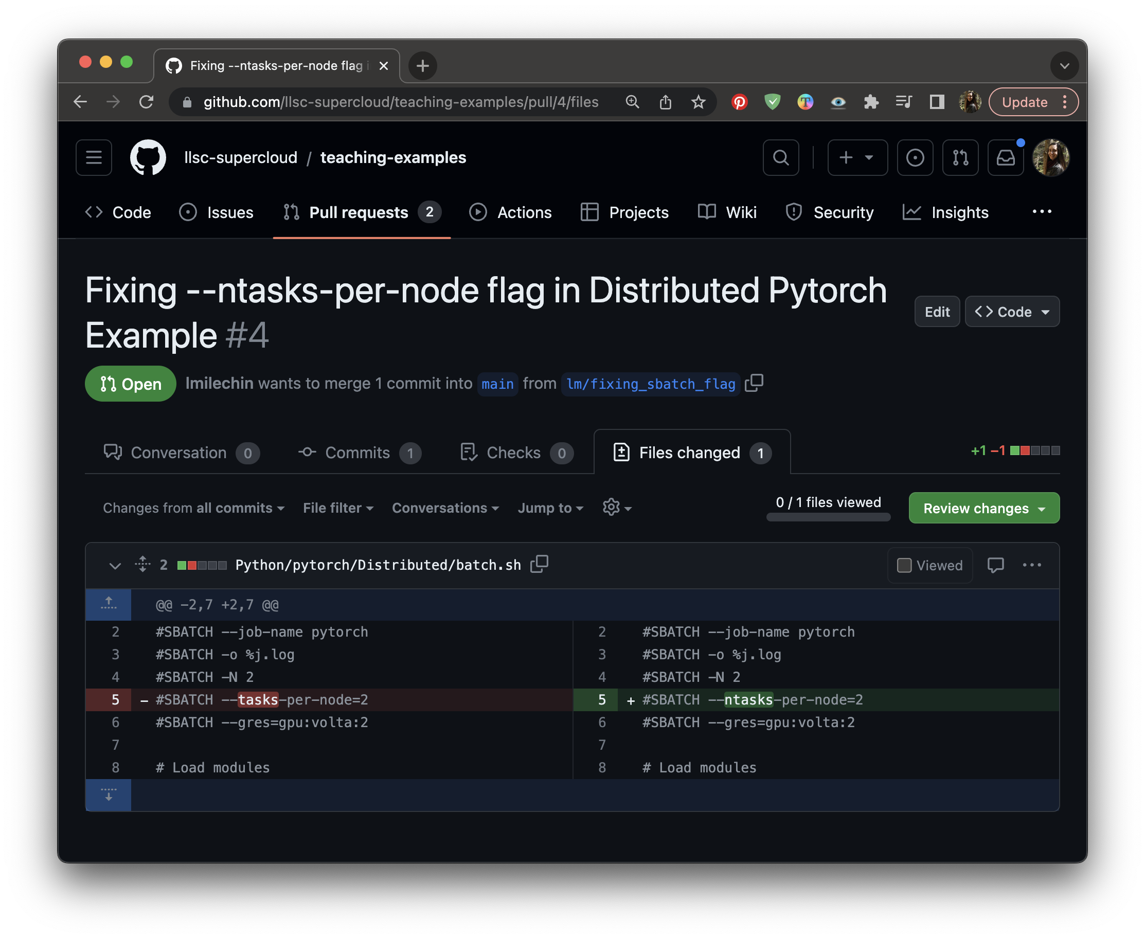 A screenshot of the Files Changed tab of a Pull Request. The page shows one line of code has been updated.